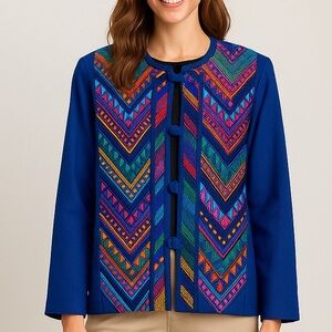 Vintage Guatemalan Art To Wear Jacket Blue Multicolor Woven Embroidered Sz M